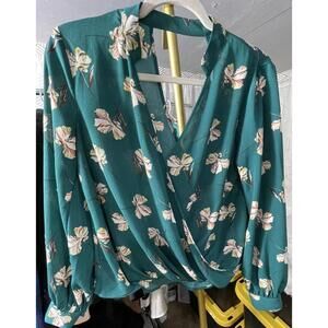 Lush Women’s Blue Teal Floral Long Sleeve Blouse Open Back V Sz Small
